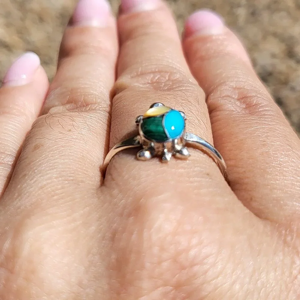 Native American Handmade Mini Turtle Multi Stones Zuni Inlay Ring Turquoise Opal